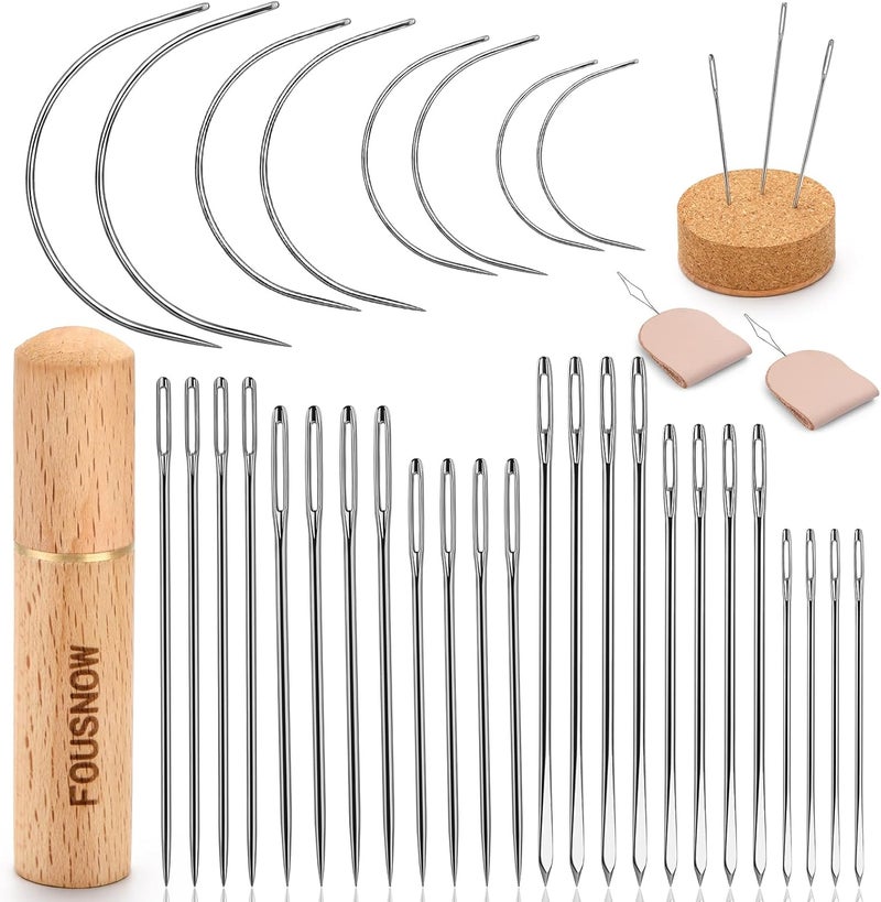 FOUSNOW 36 Pcs Heavy Duty Sewing Needles Kit, Curved Sewing Needles for Hand Sewing, Leather Sewing Needles with Wooden Sewing Needles Cushion, Needle Case for Leather Upholstery Repair Sewing - Image 1